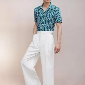 Men White High Waisted Side Buckle Flare Trousers
