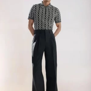Men Designer Black High Waisted Flare Trousers